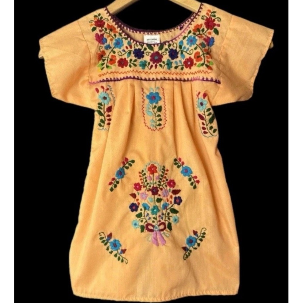 Artesanias Mexican Embroidered Dress‎ Kids Size 2 Peach Floral Boho Puebla